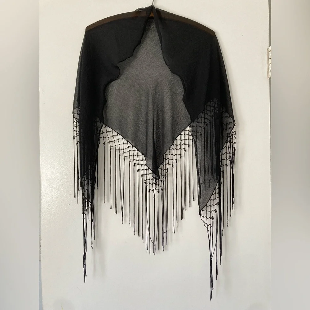 Black Fringe Sheer Shawl Scarf - Picture 4 of 4